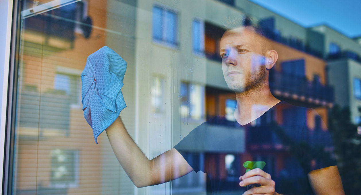 Man cleaning window at home