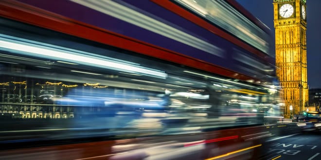 Bus on the Westminster bridge in London