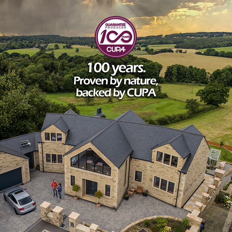 Roof fitted with natural slate covered by CUPA PIZARRAS 100-year natural slate guarantee.