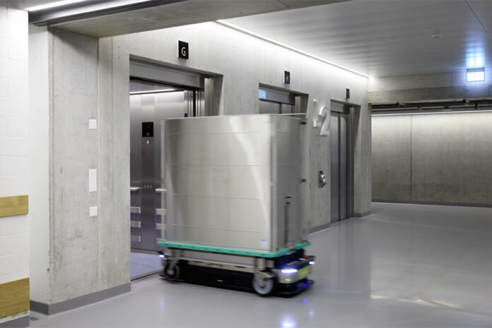 Automated Guided Vehicles Schindler elevators supporting Automated Guided Vehicles at HOCH Health Ostschweiz hospital in Switzerland