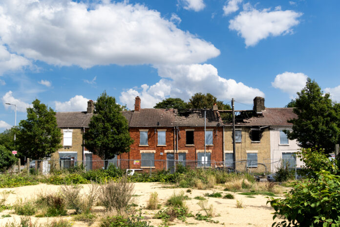 Derelict terraced houses in the North of England awaiting demoli Derelict terraced houses highlighting Britain's derelict property prices