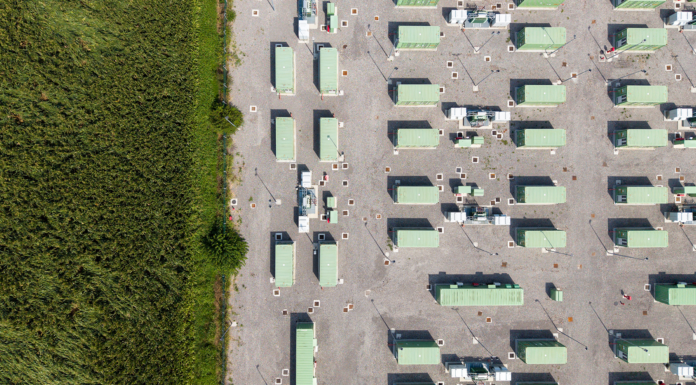 Battery Energy Storage System Facility Aerial view of a battery energy storage system facility